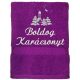 "Boldog karácsonyt" felirattal és templommal hímzett törölköző, lila – karácsonyi hímzett törölköző ajándék
