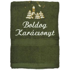 "Boldog karácsonyt" felirattal és templommal hímzett törölköző, moha zöld – karácsonyi hímzett törölköző ajándék