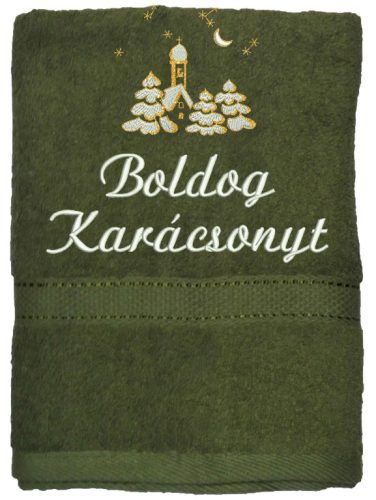 "Boldog karácsonyt" felirattal + templommal hímzett törölköző, moha zöld