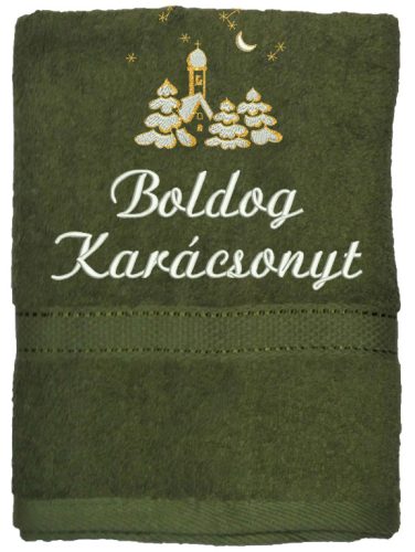 "Boldog karácsonyt" felirattal és templommal hímzett törölköző, moha zöld – karácsonyi hímzett törölköző ajándék