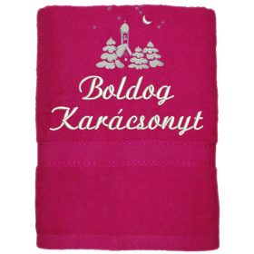 "Boldog karácsonyt" felirattal és templommal hímzett törölköző, pink – karácsonyi hímzett törölköző ajándék