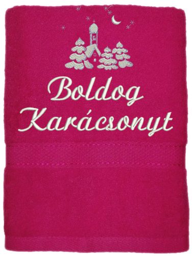 "Boldog karácsonyt" felirattal és templommal hímzett törölköző, pink – karácsonyi hímzett törölköző ajándék