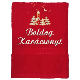 "Boldog karácsonyt" felirattal és templommal hímzett törölköző, piros – karácsonyi hímzett törölköző ajándék