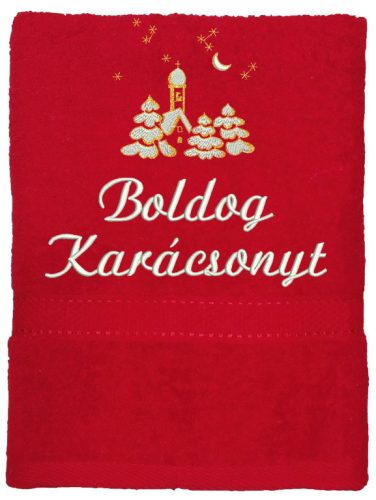 "Boldog karácsonyt" felirattal és templommal hímzett törölköző, piros – karácsonyi hímzett törölköző ajándék
