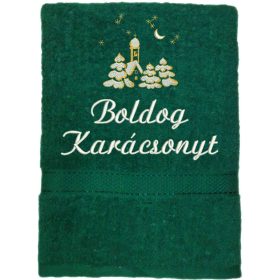 "Boldog karácsonyt" felirattal és templommal hímzett törölköző, sötét zöld – karácsonyi hímzett törölköző ajándék