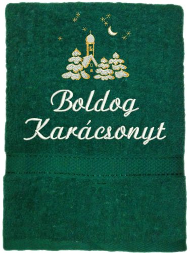 "Boldog karácsonyt" felirattal és templommal hímzett törölköző, sötét zöld – karácsonyi hímzett törölköző ajándék