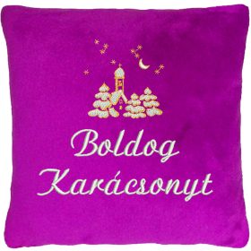 "Boldog karácsonyt" felirattal és templommal hímzett párna, bíbor – karácsonyi hímzett párna ajándék