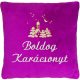 "Boldog karácsonyt" felirattal + templommal hímzett párna, bíbor