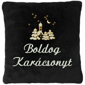 "Boldog karácsonyt" felirattal és templommal hímzett párna, fekete – karácsonyi hímzett párna ajándék