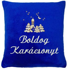 "Boldog karácsonyt" felirattal és templommal hímzett párna, királykék – karácsonyi hímzett párna ajándék
