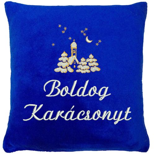 "Boldog karácsonyt" felirattal és templommal hímzett párna, királykék – karácsonyi hímzett párna ajándék