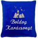 "Boldog karácsonyt" felirattal és templommal hímzett párna, királykék – karácsonyi hímzett párna ajándék