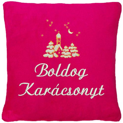 "Boldog karácsonyt" felirattal és templommal hímzett párna, pink – karácsonyi hímzett párna ajándék
