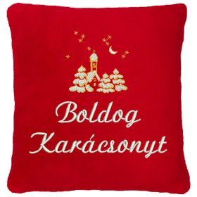 "Boldog karácsonyt" felirattal és templommal hímzett párna, piros – karácsonyi hímzett párna ajándék 