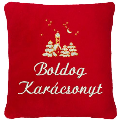 "Boldog karácsonyt" felirattal + templommal hímzett párna, piros