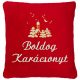 "Boldog karácsonyt" felirattal és templommal hímzett párna, piros – karácsonyi hímzett párna ajándék 