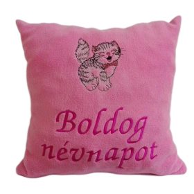   "Boldog névnapot" felirattal + cicával hímzett párna, rózsaszín