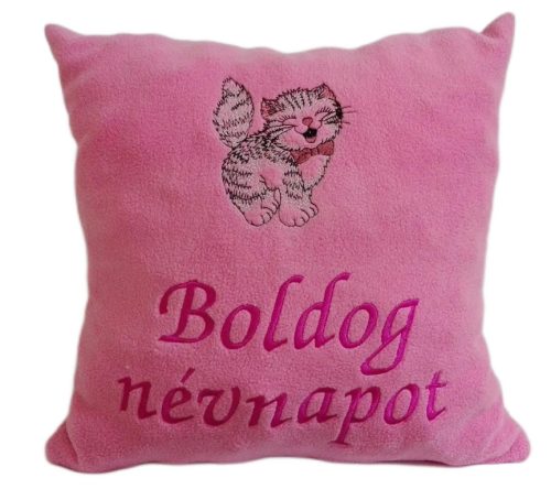 "Boldog névnapot" felirattal + cicával hímzett párna, rózsaszín