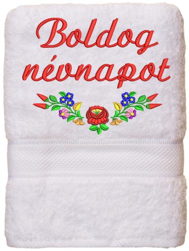 Hímzett törölköző "Boldog névnapot" felirattal + kalocsai, fehér