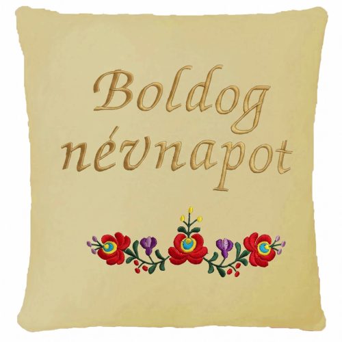 „Boldog névnapot” felirattal + matyó mintával hímzett párna, krém – hímzett névnapi ajándék párna