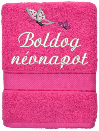 Hímzett törölköző "Boldog névnapot" felirattal + pillangók pink