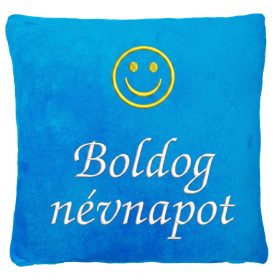 „Boldog névnapot” felirattal + smile-val hímzett párna, türkizkék – hímzett névnapi ajándék párna