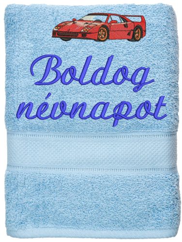 Hímzett törölköző "Boldog névnapot" felirattal + autó, világoskék