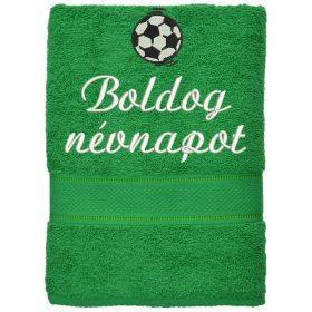 „Boldog névnapot” felirattal + focilabdával hímzett törölköző, fűzöld – hímzett névnapi ajándék törölköző