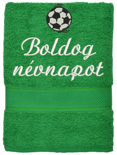 „Boldog névnapot” felirattal + focilabdával hímzett törölköző, fűzöld – hímzett névnapi ajándék törölköző