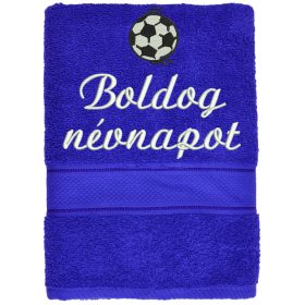 „Boldog névnapot” felirattal + focilabdával hímzett törölköző, királykék – hímzett névnapi ajándék törölköző