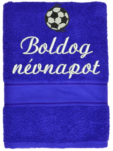„Boldog névnapot” felirattal + focilabdával hímzett törölköző, királykék – hímzett névnapi ajándék törölköző