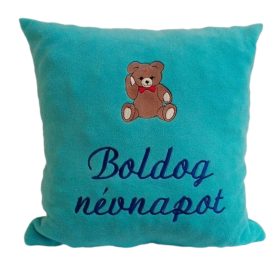   "Boldog névnapot" felirattal + macival hímzett párna, világos türkizkék