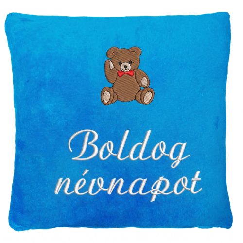 „Boldog névnapot” felirattal + macival hímzett párna, világos türkizkék – hímzett névnapi ajándék párna