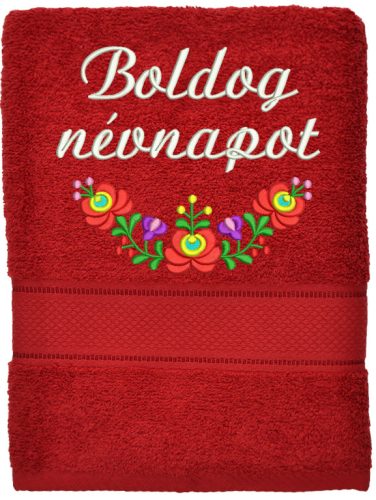 Hímzett törölköző "Boldog névnapot" felirattal + matyó, bordó