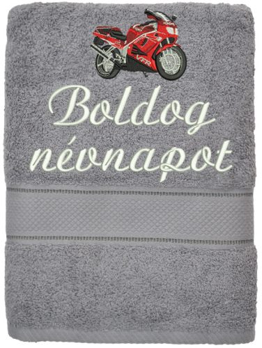 Hímzett törölköző "Boldog névnapot" felirattal + motor, szürke