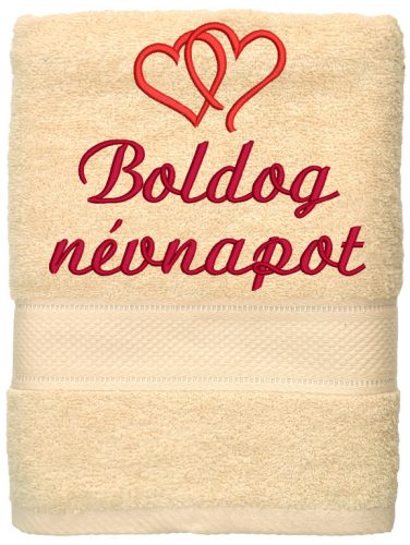 Hímzett törölköző "Boldog névnapot" felirattal + páros szív, krém