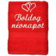 Hímzett törölköző "Boldog névnapot" felirattal + páros szív, piros