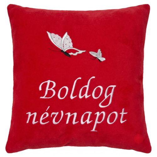 „Boldog névnapot” felirattal + pillangókkal hímzett párna, piros – hímzett névnapi ajándék párna