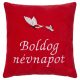„Boldog névnapot” felirattal + pillangókkal hímzett párna, piros – hímzett névnapi ajándék párna