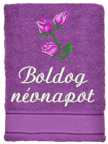 Hímzett törölköző "Boldog névnapot" felirattal + rózsa, sötét lila