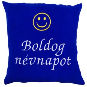   "Boldog névnapot" felirattal + smile-val hímzett párna, királykék