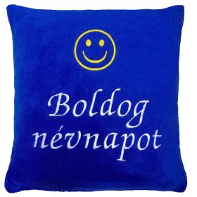 „Boldog névnapot” felirattal + smile-val hímzett párna, királykék – hímzett névnapi ajándék párna