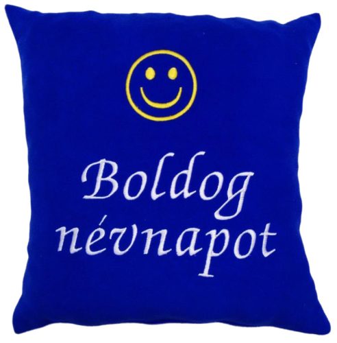 "Boldog névnapot" felirattal + smile-val hímzett párna, királykék