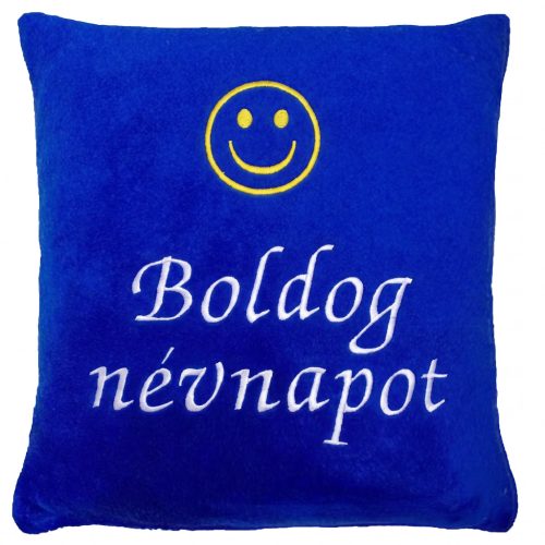 „Boldog névnapot” felirattal + smile-val hímzett párna, királykék – hímzett névnapi ajándék párna