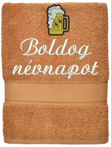 Hímzett törölköző "Boldog névnapot" felirattal + sör, mogyoró