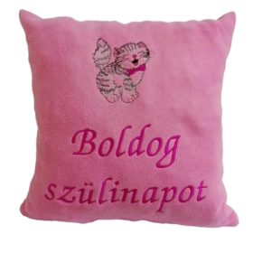   "Boldog szülinapot" felirattal + cicával hímzett párna, rózsaszín