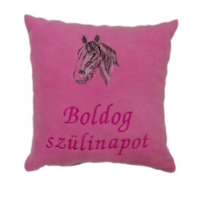   "Boldog szülinapot" felirattal + lófejjel hímzett párna, rózsaszín