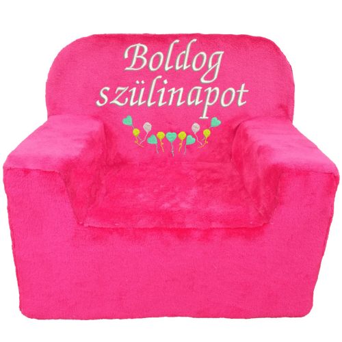 "Boldog szülinapot" felirattal + lufikkal hímzett gyermekfotel, pink – hímzett szülinapi ajándék gyermekfotel