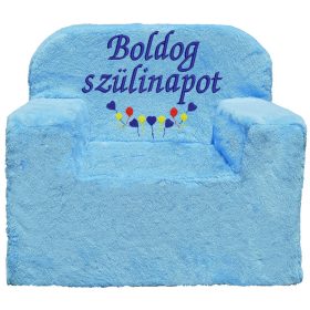   "Boldog szülinapot" felirattal + lufikkal hímzett gyermekfotel, világoskék