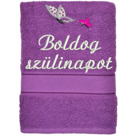   Hímzett törölköző "Boldog szülinapot" felirattal + pillangó , lila